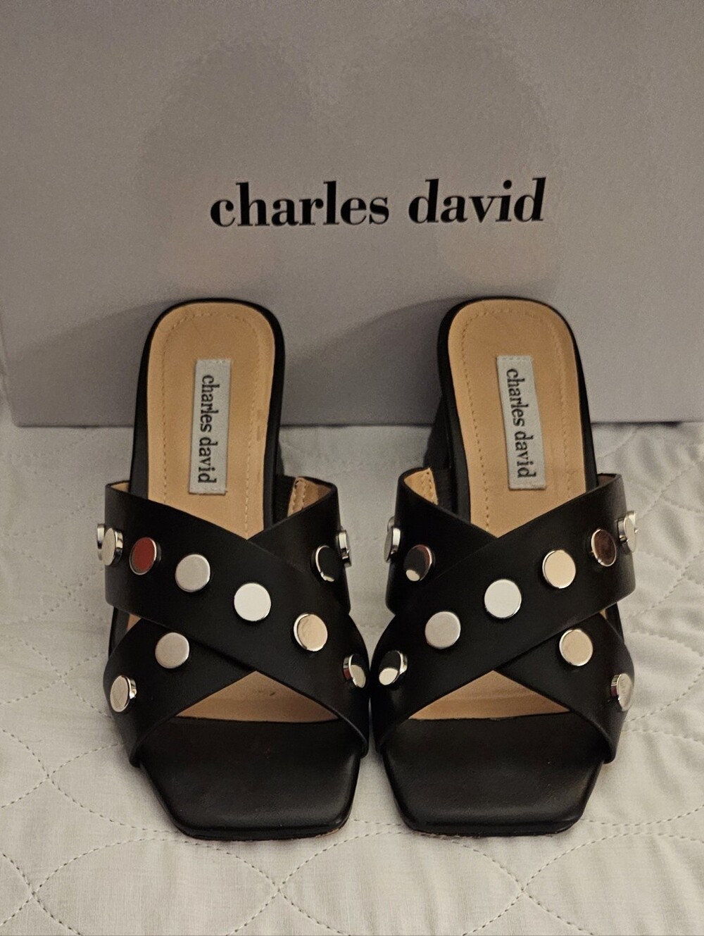Charles David Black Studded Cross-Strap Block Heel Mules - Picture 2 of 7
